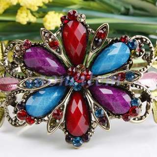 Red Blue Purple Flower Butterfly Crystal Rhinestone Cuff Bronze Bangle 