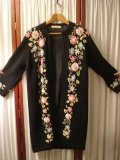 Early 1960s Wool Sweater Coat Black w/Embroidered Flowers Medium 
