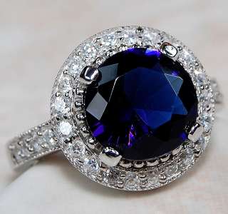 Sapphire & White Topaz 925 Solid Sterling Silver Ring Sz 7  