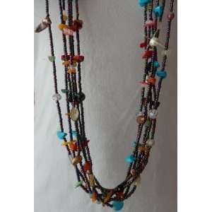  Handmade 6 Strand Multi Beads & Stones Necklace 19 Inches 