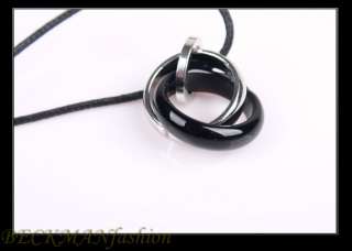 New Black Agate Stone Two Rings Titanium Steel Necklace  