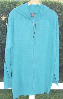 STRAND CABLE STITCH ZIP HOODED TEAL BLUE COTTON BLEND SWEATER 1X, 2X 