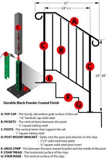 NEW Iron RAILING Handrail Picket Rail Fits 2 or 3 Step  
