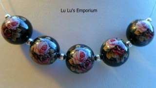 NEW GORGEOUS Japanese Tensha Beads Twin Roses on Black 12 MM  