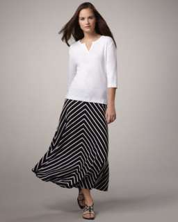 Split Neck Tee & Long Striped Skirt, Womens