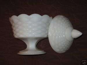 Anchor Hocking Milk Glass Covered Pedestal Candy Dish Colonial Diamond 