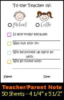 50 School Excuse Notes 4 1/4x5 1/2 MOMMY   TEACHER  