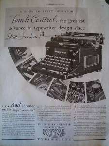 1934 Royal touch control an advance typewriters ,ad  