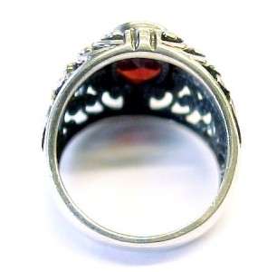 Red Garnet Solitaire / Sterling Silver Ornate Design Fashion Ring ~ i 