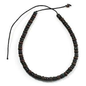    Unisex Brown/ Green Wood Bead Necklace   40cm Length Jewelry