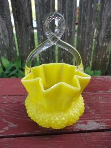 Vintage Victorian Bright Yellow Art Glass Blown Basket  