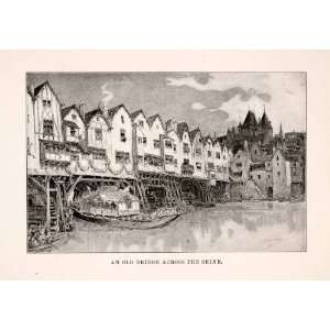 1902 Halftone Print Bridge Architecture River Seine Boat Paris France 