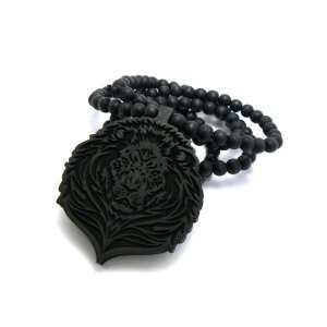    Wooden Black Lion Pendant with 36 Inch Wood Necklace Jewelry