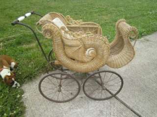 ANTIQUE VICTORIAN 1800S ORNATE WICKER BABY DOLL STROLLER CARRIAGE 