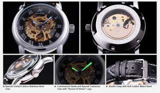 New KS Auto Mechanical Skeleton Leather Men Wrist Watch  