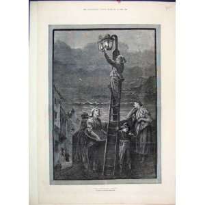    1882 Guiding Light Man Ladder Street Scene Antique
