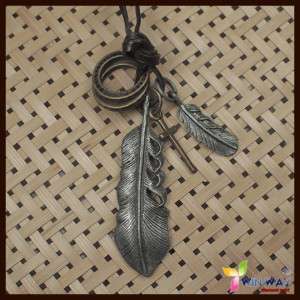 Feather Dog TAG Leather Rings Chain Cross Men Necklace  
