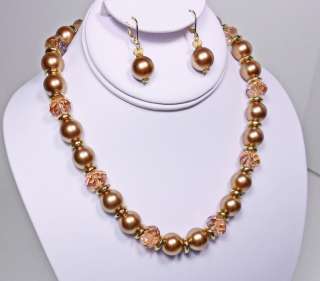 Chunky Gold Pink Glass Ball Beaded Necklace Set   New  