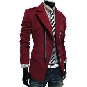   PJK) Mens Casual Unbalance Zipper Slim Trench Coat Jacket WINE  