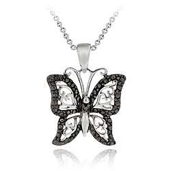 Sterling Silver Black Diamond Accent Filigree Butterfly Necklace 