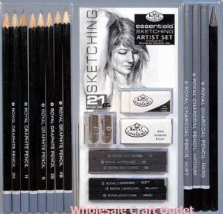 21 pc SKETCH & DRAWING SET w/PENCILS, CHARCOALS,ERASERS  