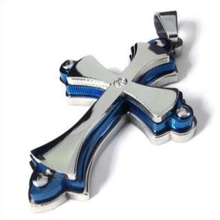 Mens Blue Silver Stainless Steel Cross Pendant Necklace  