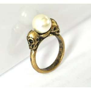  Art Deco antique gold tone skulls ring with faux pearl jewelry 