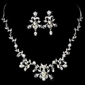 Wedding Bridal Necklace Earring Set Damask Silver  
