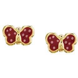 14k Yellow Gold Red Enamel Butterfly Childrens Earrings   