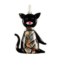 Murano style Glass Black and Silver Kitty Cat Pendant  