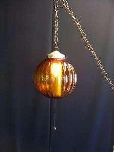 Vtg Mid Century Amber Glass Swag Lamp Hanging Light  