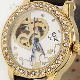 Luxury Gold Steel Case Heart Pattern Crystal Womens Automatic Watch 