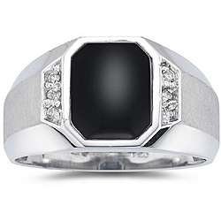 10k White Gold Onyx and Diamond Mens Ring  