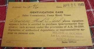 1945 Identifcation Card ID Card CAMP HOOD TEXAS WW II  