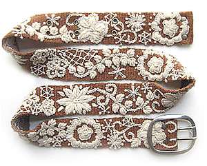   Krauss Wool Embroidered Tapestry Two Tone Belt Tan Cream S M L  