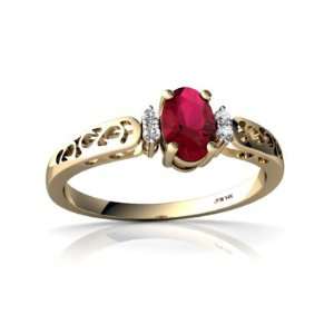  14K Yellow Gold Oval Created Ruby Filligree Ring Size 4.5 