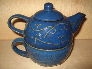 Pier 1 One Stoneware Teapot and Teacup Set For One Blue  