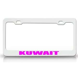 KUWAIT Country Steel Auto License Plate Frame Tag Holder, White/Pink