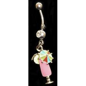  Tropical Pink Drink Belly Ring with CZ Stone 316l Surgical 