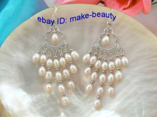   7mm baroque rice white freshwater pearl dangle earrings silver  