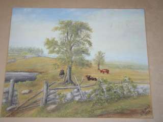 1910 EF MAK FOLK ART 3 COWS ON FARM LANDSCAPE PAINTING  