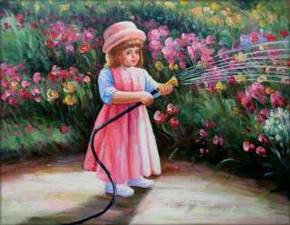 info high q oil painting girl watering flowers 16 x12
