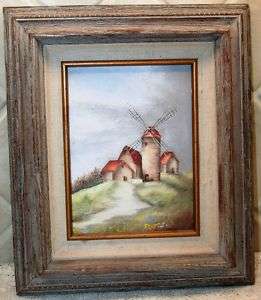 Sweet 6 x 8 Dutch Windmill Oil Painting on Canvas in Rustic Wood Frame