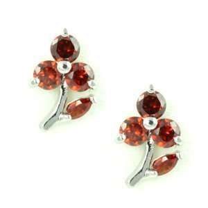   Small Red Three Petal CZ Flower with Leaf Stud Earrings Jewelry