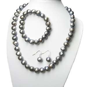  Freshwater Large Pearl Necklace Earrings Bracelet Set 