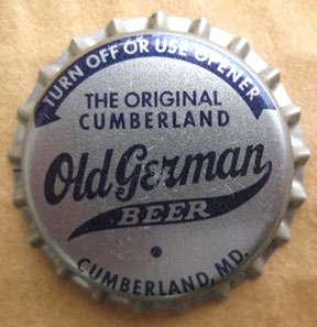 OLD GERMAN BEER Crown, Bottle Cap, Cumberland, MARYLAND  