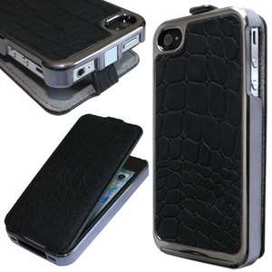   Stone Leather Chrome Hard Back Case Cover for iPhone 4 4S Black  