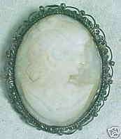 ANTIQUE SILVER & CARVED SOAP STONE CAMEO BROOCH  