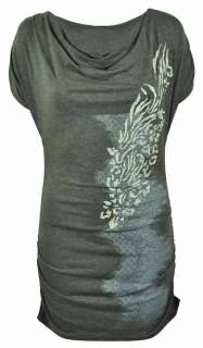 NEW LADIES PRINTED COWL NECK SHORT SLEEVED WOMENS STRETCH RUCHED TOP 