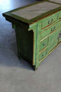 60 Wide Chinese Sideboard green 2 Door 9 Drawer W Marble top Cracked 